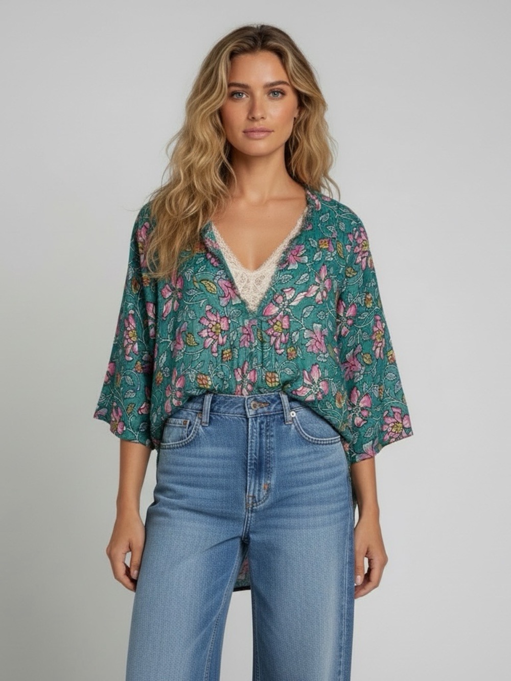 NATURAL LIFE Teal Floral V-Neck Tunic with Pink Blooms